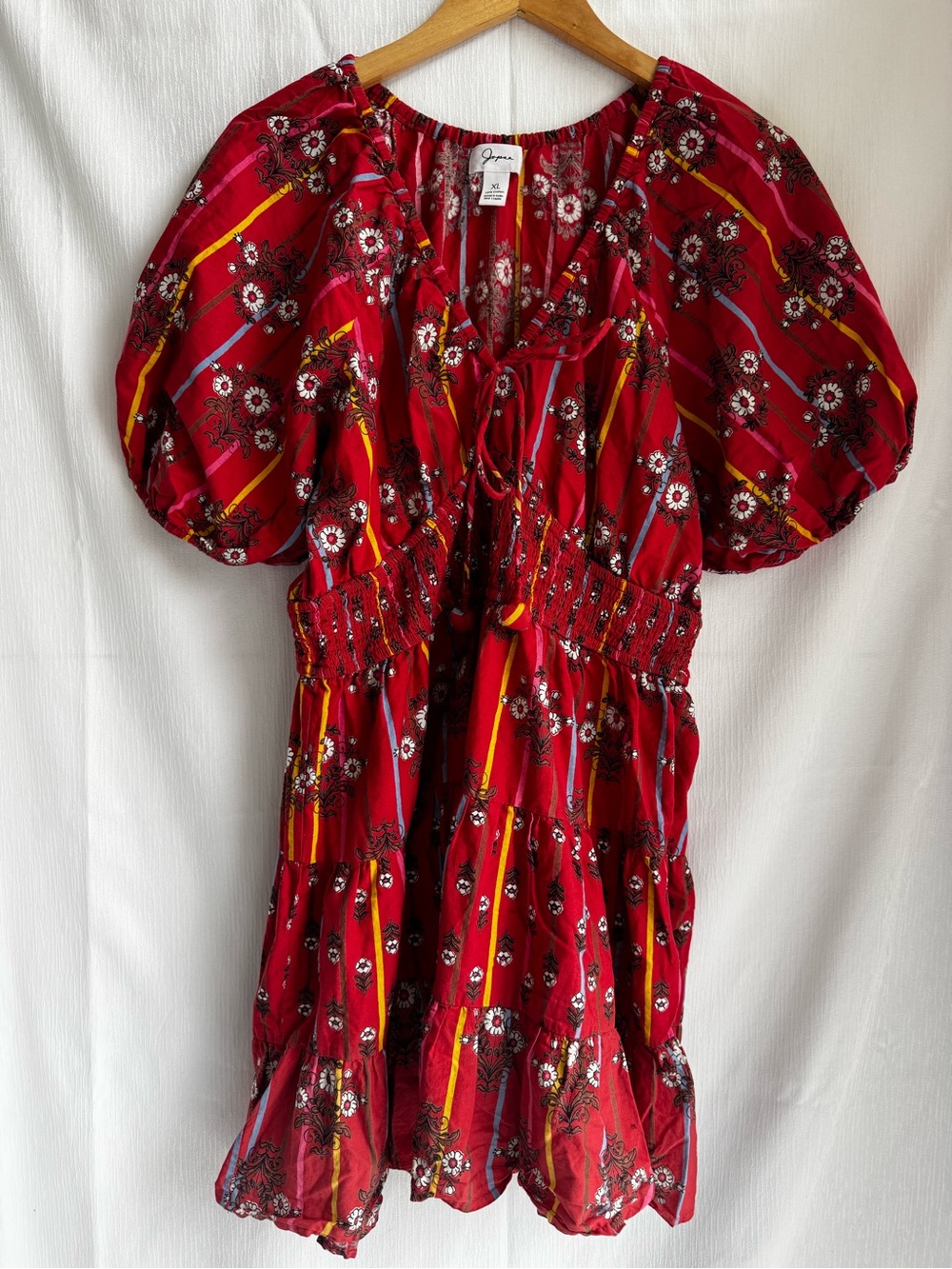 Japna Women’s XL Red Floral Woven Sundress Smocked Waist Puff Sleeve Tie V-Neck